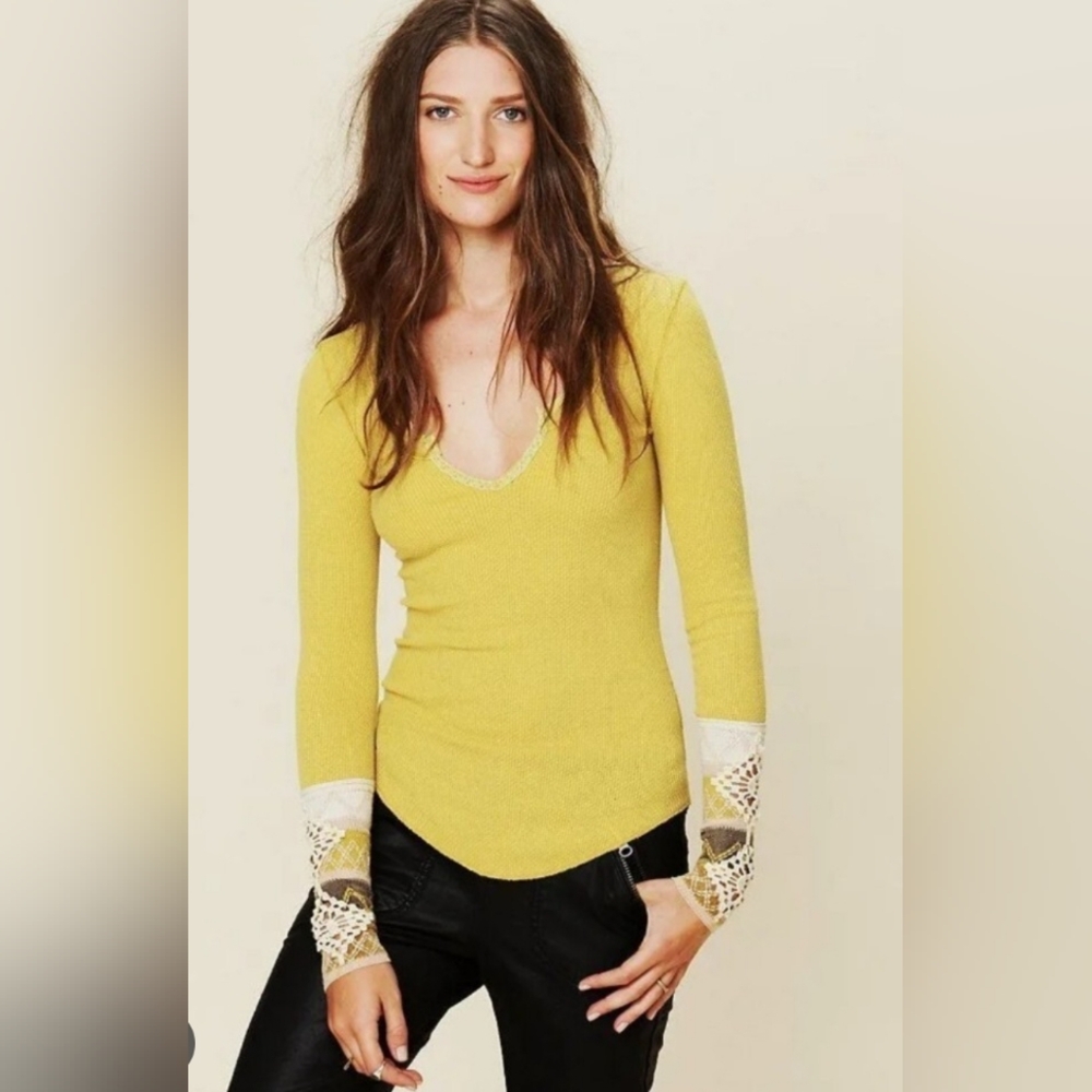 Free People Kombucha Diamond Crochet Colorblock Lace Knit Cuff Thermal Top S